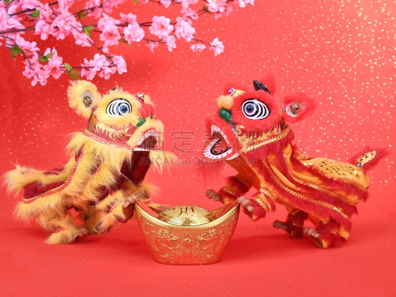 铸锭,狮子,传统舞,狮子舞蹈,李子,十二生肖,面具,圣诞装饰物,金色,玩具