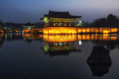 庆州市,池塘,宫殿,庆尚北道,亭台楼阁,水,美,水平画幅,夜晚,户外