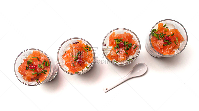 玻璃杯,小的,三文鱼,开胃品,白色背景,在上面,蔬菜,事件,清新,装饰菜