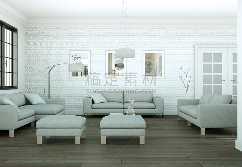 现代,室内设计师,明亮,灰色,模板,沙发,装饰物,豪宅,窗户,植物