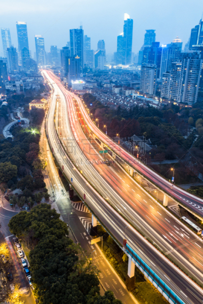 夜晚,上海,公路,延安路,浦西,光轨,高架道路,尾灯,高架桥,垂直画幅