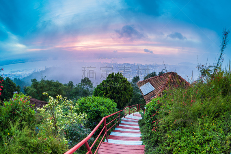 山,城市,乔治敦,黎明,槟榔屿州,摄像机拍摄角度,天空,美,水平画幅