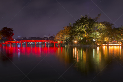 红色,桥,还剑湖,夜晚,建筑结构,越南,符号,照明设备,风景,图像