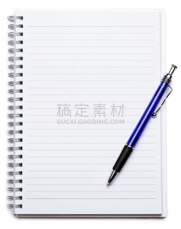 空白的,蓝色,笔记本,白色背景,水笔,螺旋记事本,留言板,垂直画幅,办公室,留白
