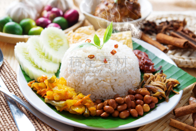 椰浆饭,主菜盘,胆汁,马来西亚的食物,凤尾鱼,热,新加坡,泰国食品,香料,食品