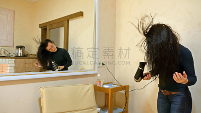长发,女人,住宅房间,自然美,彩妆,干燥的头发,吹干头发,湿发,吹风机,烘干