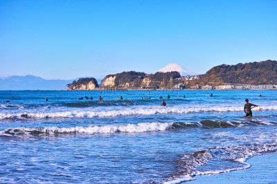 富士山,海岸线,相模湾,镰仓市,水平画幅,雪,东亚,户外,海浪,海滩