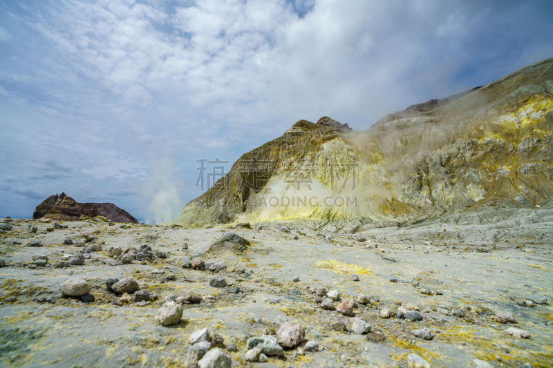 怀特岛,火山口,新西兰,烟,天空,水平画幅,无人,岩层,硫磺,丰盛湾