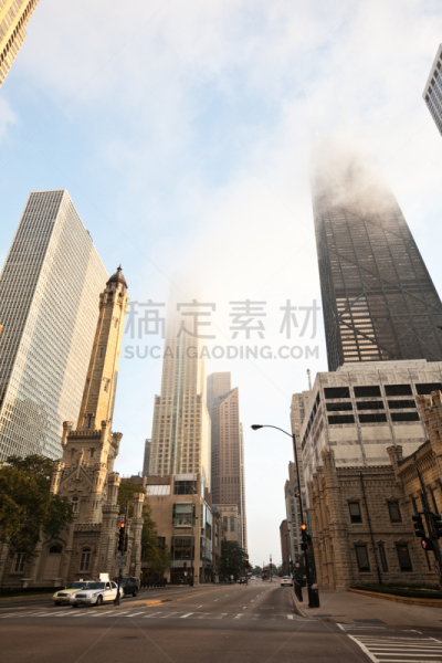 芝加哥市,早晨,雾,市区,汉考克大厦 ,北密西根大道,密西根大道,库克县,垂直画幅,留白