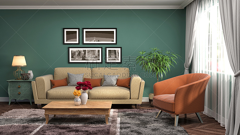 沙发,室内,三维图形,绘画插图,住宅房间,褐色,水平画幅,墙,无人,装饰物