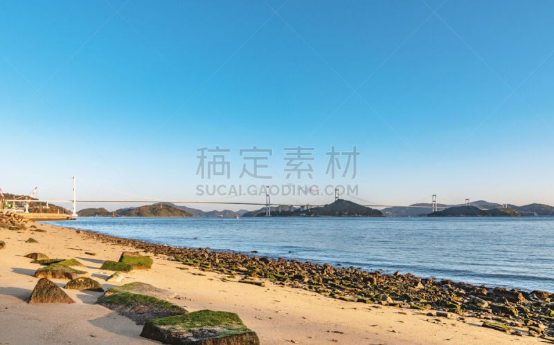 濑户内海,来岛海峡大桥,天空,美,水平画幅,无人,早晨,索桥,户外,海滩