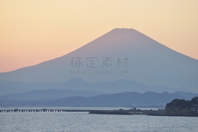 富士山,天空,旅游目的地,水平画幅,无人,日本,户外,镰仓市,海滩,相模湾