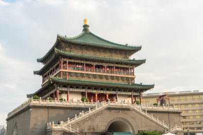 钟楼,西安,天空,古代文明,水平画幅,符号,古老的,旅行者,户外,都市风景