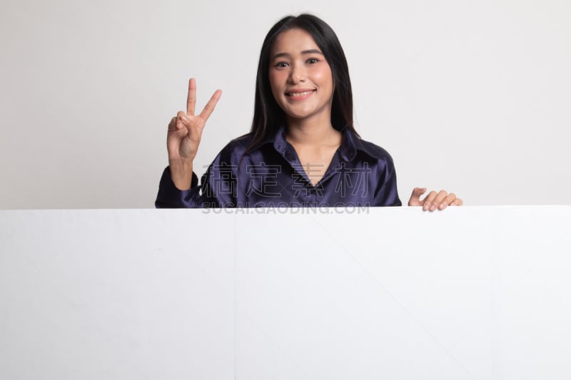 青年人,女人,v sign,空白符号,白色,美人,亚洲人种,成年的,布告栏,水平画幅