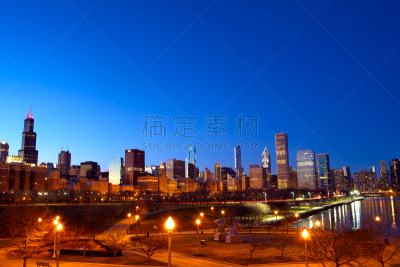 芝加哥市,市区,水,公园,水平画幅,夜晚,无人,曙暮光,户外,湖