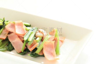 小松菜,熏猪肉,主食,水平画幅,无人,肉,影棚拍摄,室内,蔬菜叶,蔬菜