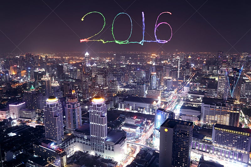 都市风景,放焰火,曼谷,新年前夕,2016,在上面,水平画幅,夜晚,无人