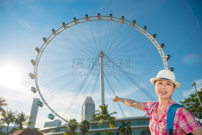 新加坡摩天观景轮,新加坡市,快乐,亚洲,女人,滨海广场,滨海湾公园,椰子树,水平画幅,新加坡