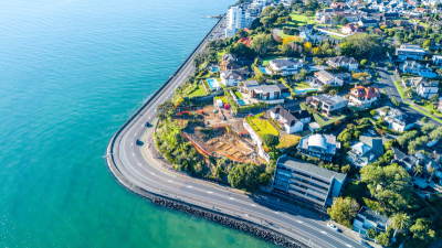 奥克兰,居住区,新西兰,公路赛跑,水边,背景,航拍视角,水平画幅,郊区,无人