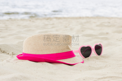 草帽,夏天,海滩,太阳镜,日光,时间,夏季系列,水平画幅,沙子,无人