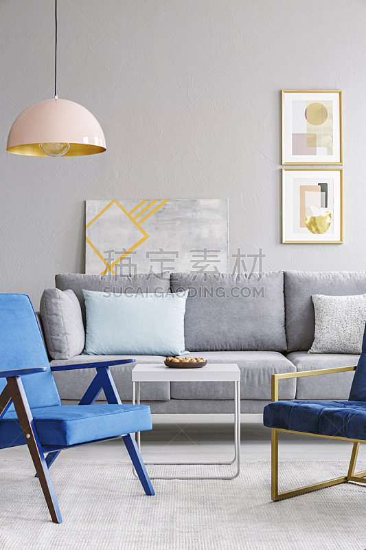 沙发,白色,扶手椅,灰色,桌子,蓝色,室内,起居室,极简构图