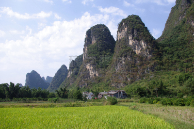 山,桂林,天空,水平画幅,绿色,地形,建筑,无人,户外,房屋