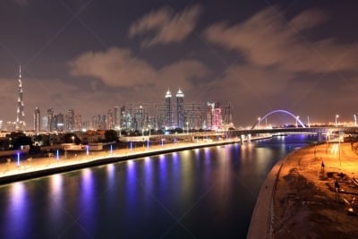 迪拜,夜晚,现代,城市天际线,欧元符号,运河,顶部,游艇码头,天空,美