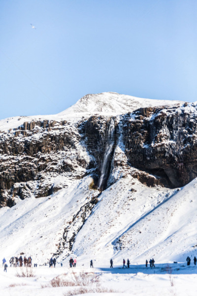 冰岛国,冬天,seljalandsfoss waterfall,风景,南,垂直画幅,水,天空,美,雪