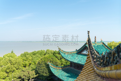 地形,洞庭湖,岳阳,湖南省,屋檐,亭台楼阁,天空,水平画幅,高视角,无人