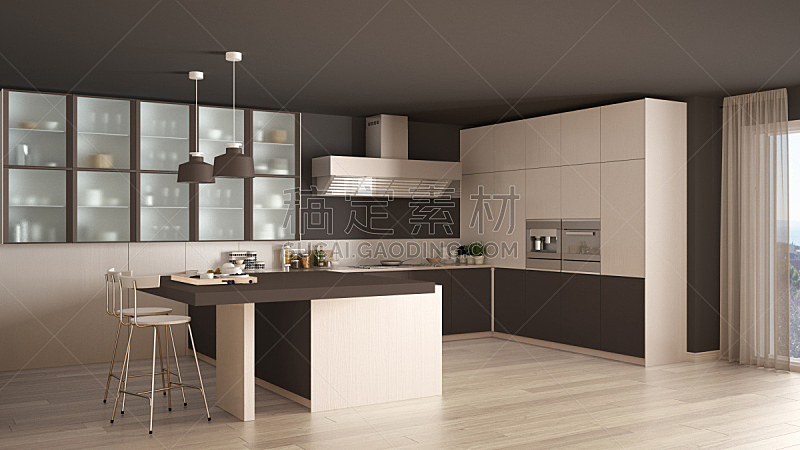 镶花地板,褐色,现代,白色,厨房,极简构图,室内设计师,简单,开放式设计,风管
