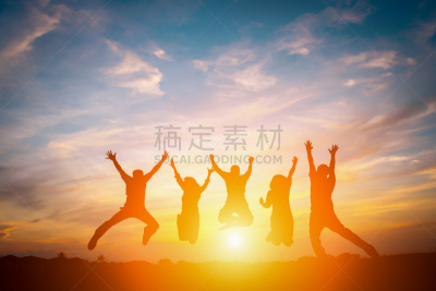 团队,幸福,手,商务,天空,概念,高处,剪影,日落