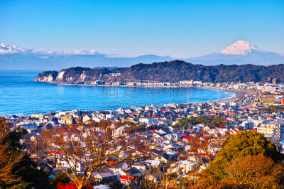 镰仓市,富士山,相模湾,水平画幅,雪,无人,东亚,户外,海滩,旅游