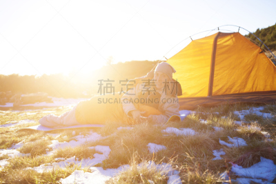 睡袋,电话机,女孩,天空,美,青少年,水平画幅,雪,旅行者,自由