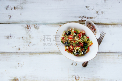 藜麦,沙拉,健康食物,铜箱馆,樱桃番茄,留白,水平画幅,开胃品,配方,缓慢的