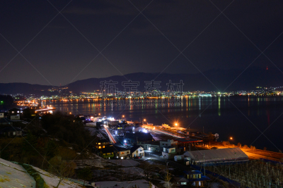 诹访,夜晚,城市,苏瓦湖,千野,巴岳山,日本阿尔卑斯山脉,长野县,午夜,天空