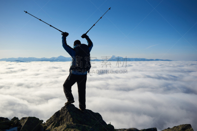 云,雾,徒步旅行,岩石,天空,山谷,男人,山,白色,背景聚焦