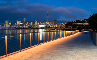 奥克兰,城市,夜晚,奥克兰海港大桥,伯根海德,Waitemata Harbour,天空塔,新西兰,新西兰北岛,天空