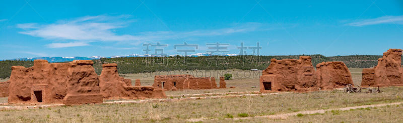 全景,联合要塞国家纪念碑,天空,美国,国家公园,水平画幅,绿色,无人,蓝色,圣塔菲小路