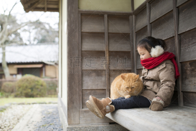进行中,猫,女孩,外套,水平画幅,宠物主人,白人,羊皮靴,厚衣服,日本人