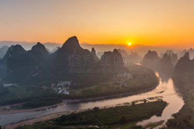 桂林,地形,黎明,自然,水平画幅,山,无人,龙胜,乡村,早晨