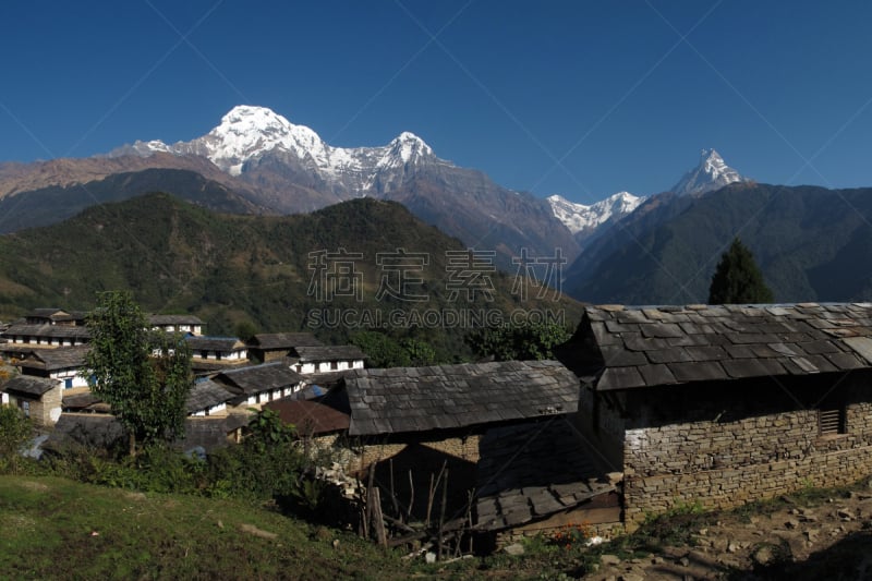 自然美,早晨,南安娜普纳峰群,鱼尾峰,安纳普纳生态保护区,雪山,人类居住地,尼泊尔,雪,屋顶