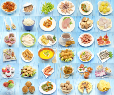 抽象拼贴画,餐具,胡萝卜,水平画幅,蛋糕,海产,饮料,甜点心,肉,面包