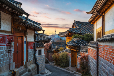 北村韩屋村,韩国,首尔,城市,天空,水平画幅,传统,古老的,夏天,山
