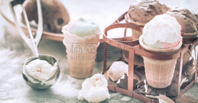 冰淇淋,圆锥,反差,留白,奶制品,水平画幅,香草兰,奶油,意大利冰淇淋,夏天