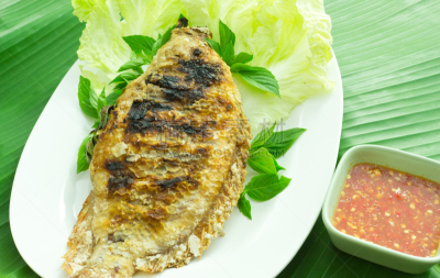 盐瓶,鱼肉,盘子,格子烤肉,泰国食品,蔬菜,热,清新,食品,泰国