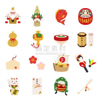 日本,计算机图标,运气,祷文版,镜饼,葫芦,门松,海鲷,绘画插图,新年