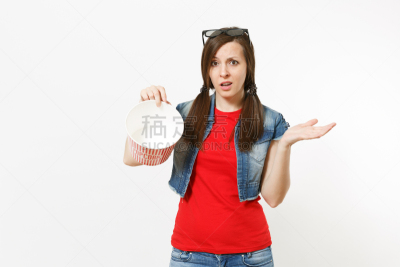 女人,手,参观者,电影,白色背景,拿着,爆米花,休闲装,空的,儿童