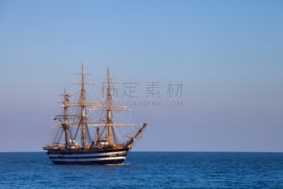 有帆船,海洋,三个人,水,风,古董,水平画幅,海港,古典式