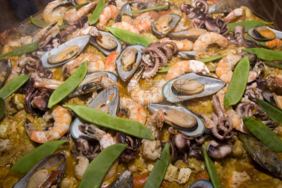 西班牙海鲜饭,餐具,水平画幅,贻贝,软体动物,膳食,海产,明虾,特写,肉