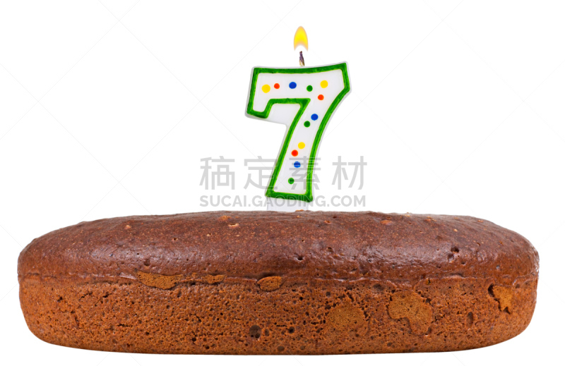 数字7,蜡烛,白色,生日蛋糕,分离着色,大约7世纪,水平画幅,蛋糕,白色背景,周年纪念